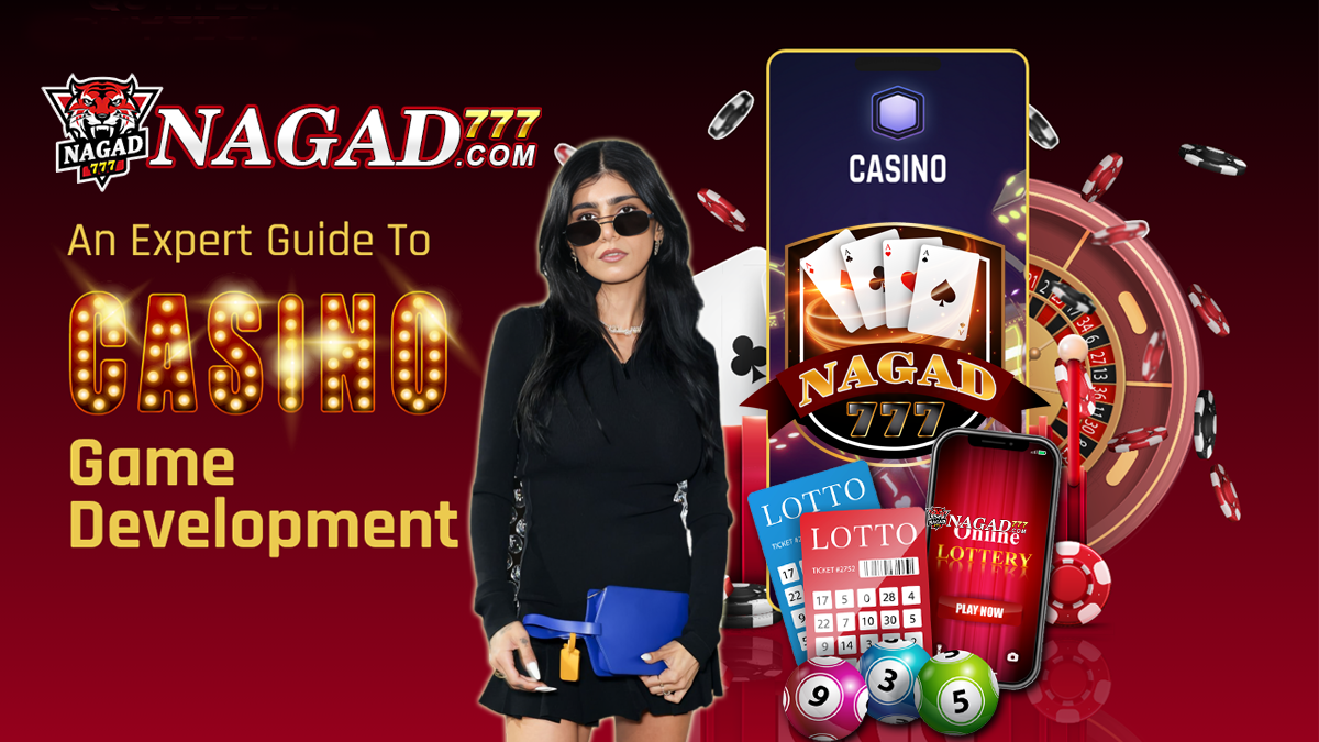 Promotional casino gaming graphic with mobile devices, roulette wheel, dice, and text overlay.